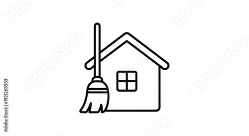 Simple line illustration of a house being cleaned with a broom outside on a plain white background from a straightforward viewpoint
