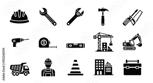 Construction tools and equipment in a stark black silhouette