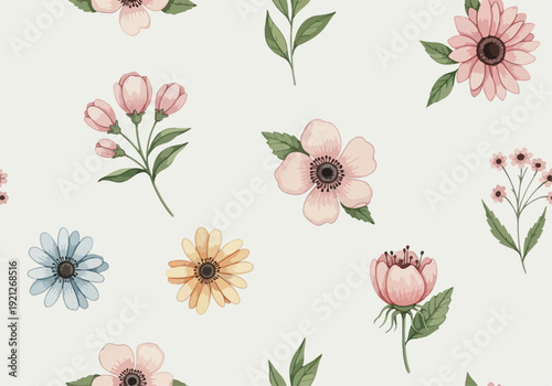 Soft romantic botanical pattern with stylized roses and scattered daisies in gentle pastel earth tone colors
