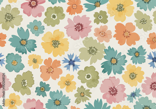 Whimsical seamless garden floral print with pink, mustard, and teal blossoms arranged in balanced decorative layout
