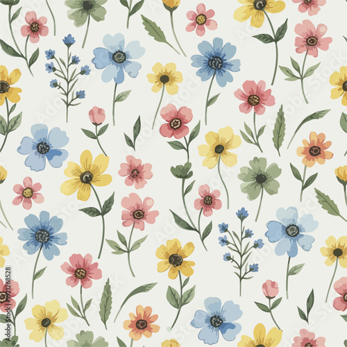 Elegant hand drawn flower background featuring blooming roses, wildflowers, and muted foliage in charming cottage inspired palette