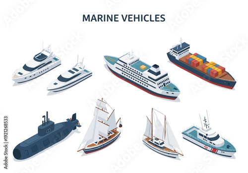 Collection of various marine vessels including yachts, cargo ships, cruise liners, submarines, and sailboats, depicted in an isometric view