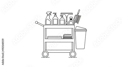 Cleaning cart with supplies and equipment on a trolley in a commercial setting viewed from the side