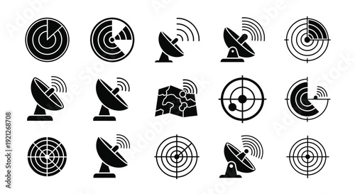Various radar systems and targeting reticles presented in black silhouette