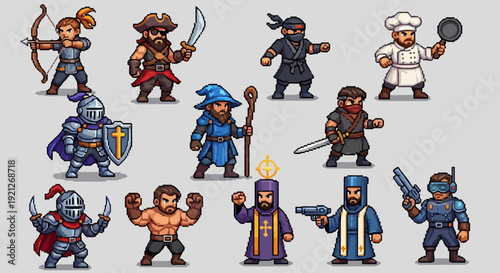 Diverse Pixel Art Game Characters Set, including fantasy, medieval, and futuristic sprites for RPG and adventure games