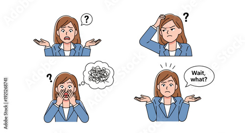 Set of vector illustrations of a business woman showing various expressions of confusion, doubt, and misunderstanding with question marks and speech bubbles.