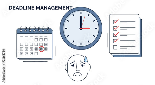 Deadline Management Concept Vector Illustration: Stressed Person, Calendar, Clock, and Checklist for Time Management and Task Planning