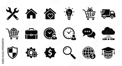 Collection of black icons representing business home and technology silhouette