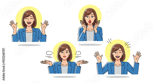 Set of vector illustrations featuring a young business woman expressing various emotions: joy, surprise, confusion, and excitement with different hand gestures and facial expressions.