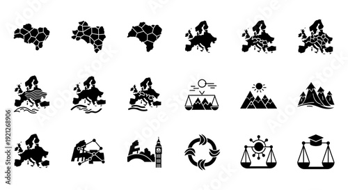 Minimalist black silhouette icon collection featuring twelve original abstract concepts inspired by Europe. The icons avoid country borders, landmarks, and political symbols, focusing on modern 