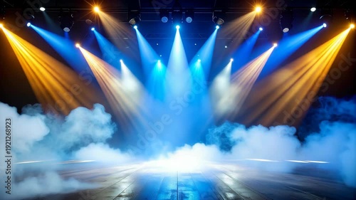 Bright stage lights illuminate a smoky performance arena with a polished wooden floor
