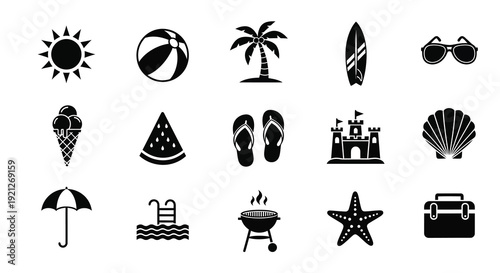 Summer vacation icons depicting beach elements in a black silhouette