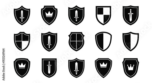 Collection of heraldic shields with symbols in black silhouette