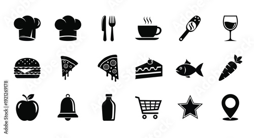 Culinary icons and food elements presented as a dark silhouette