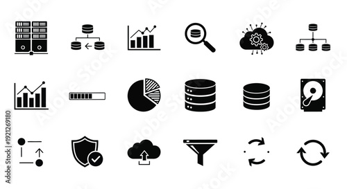 Collection of black business and technology icons in a dark silhouette