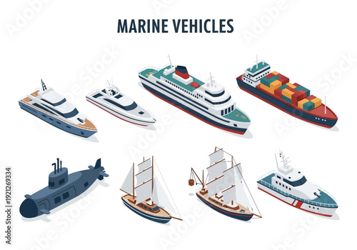 Collection of Various Marine Vehicles Shown from an Isometric Perspective on a White Background