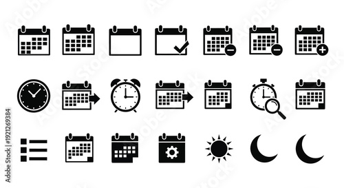 Collection of black calendar and time management icons in a row silhouette
