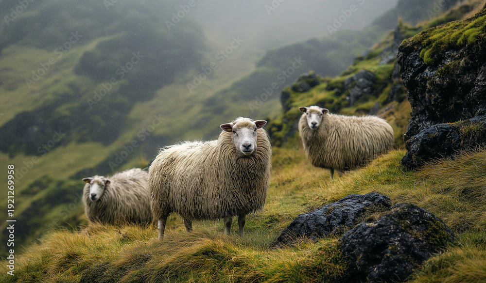 Obraz premium A group of sheep standing on a grassy hillside in a rugged natural landscape