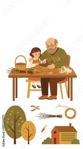 Grandfather and granddaughter weaving wicker baskets together at home, traditional craft and family bonding flat vector