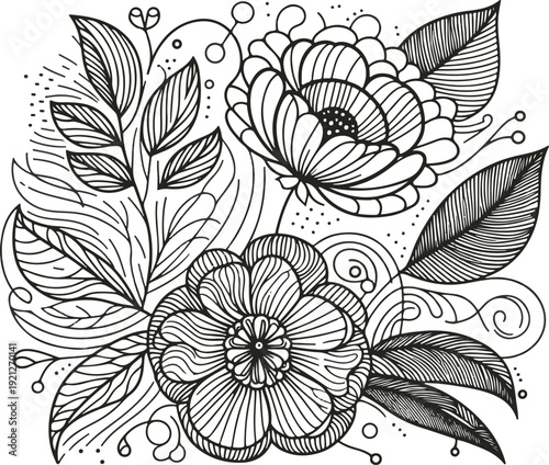 Detailed ornamental flowers and leaves botanical decorative black and white floral line art