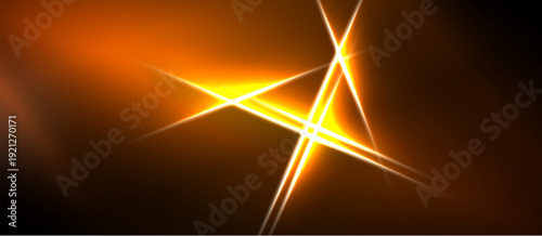 Bright orange light flares, radiating energy. Sharp lines intersect creating intense visual impact. Dark background emphasizes luminosity.