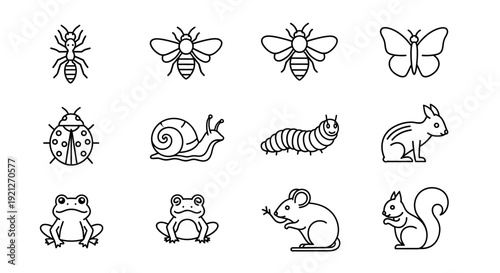 Set of outline icons depicting small animals and insects like ants, bees, butterflies, ladybugs, rabbits, and frogs on an isolated white background.