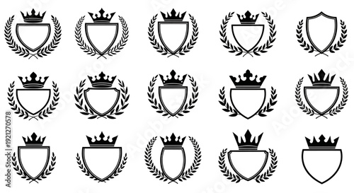 Set of classical heraldic emblems featuring shields, crowns, and laurel wreaths in black and white, symbolizing royalty and achievement on an isolated white background.