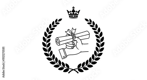 Hand holding a diploma scroll within a laurel wreath and crown, symbolizing academic achievement and success on an isolated white background.