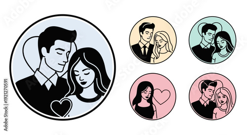 Set of cute cartoon couple portraits in various colored circles, depicting happy and loving man and woman relationships on an isolated white background.