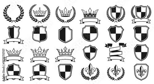 Monochromatic Collection of Heraldic Shields, Laurels, Crowns, Ribbons, and Fleur-de-lis on Isolated White Background.