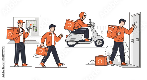 Online Delivery Service Process Illustration with Courier on Scooter and Mobile App Navigation