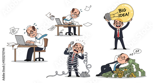 Businessman's Journey: From Work Stress and Challenges to Breakthrough Ideas and Financial Success in Business Development Stages