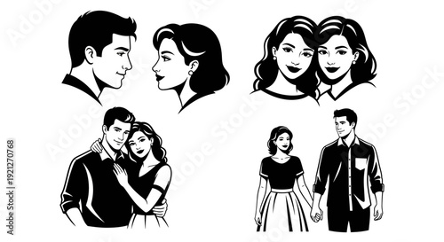 Graphic Black and White Portraits of Loving Couples and Individual People on Isolated White Background.