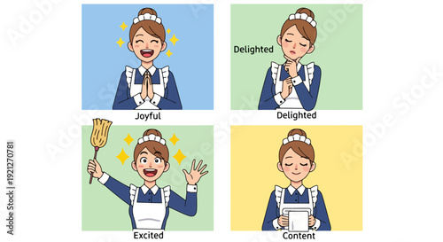 Vector Illustration of Housekeeper with Different Happy Expressions