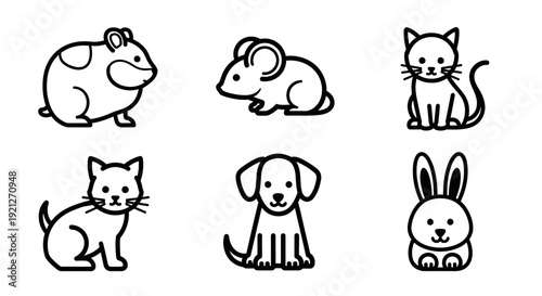 Cute set of domestic animal outline icons for pets, including hamster, mouse, cats, dog, and rabbit, isolated white background.
