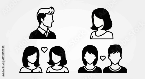 Set of black and white profile icons depicting male, female, and loving couple relationships, in bright studio.