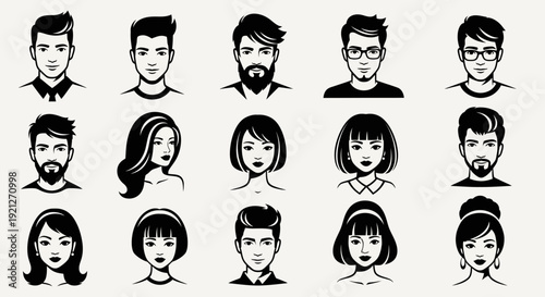 Diverse set of male and female user avatar icons with various hairstyles and facial features, isolated white background.
