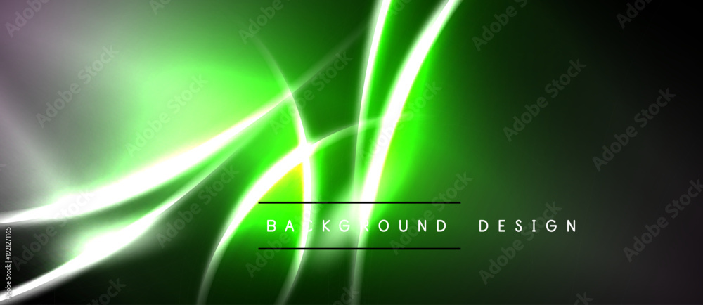 Naklejka premium Abstract green energy lines, glowing streaks. Dark background creates dynamic visual effect. Modern design element.