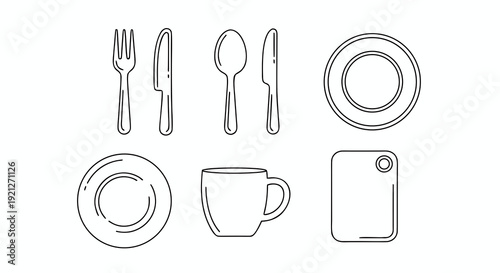 Set of minimalist kitchenware line icons featuring fork knives spoon plates mug and wooden cutting board isolated on white background