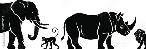 African Wildlife Animal Silhouette Set Featuring Elephant Rhino Monkey And Lion For Safari Tourism Nature Conservation Zoo Education Jungle Wilderness Adventure And