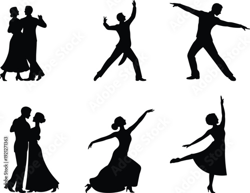Ballroom Dancer Silhouette Set Featuring Couples And Solo Performers In Graceful Poses For Dance Competition Romantic Waltz Salsa Ballet Performance Arts And