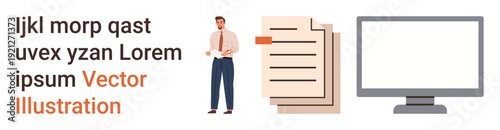Workplace organization, digital file management, office tasks, productivity tools, business strategy, administrative processes. Man holding files with a monitor. Workplace and digital file management