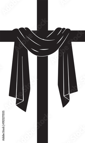 Black silhouette of a cross draped with a burial cloth for religious themes