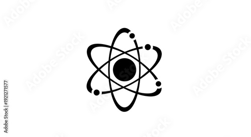 Black atom symbol with electrons orbiting.