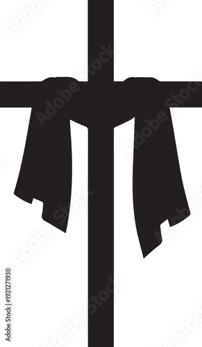 Empty cross silhouette with draped cloth sign for christian easter resurrection worship