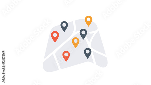 Colorful map markers on a map.