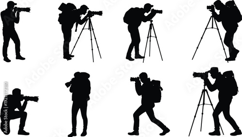 Professional Photographer Silhouette Set Featuring Male Photographers With Tripods Backpacks And Telephoto Lenses For Nature Wildlife Travel Adventure Outdoor Photography Media And