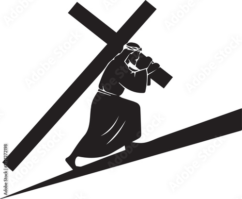Man carrying cross uphill vector illustration silhouette of person walking on steep slope