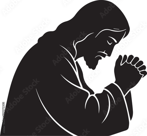 Praying man vector silhouette illustration with line art details for spiritual meditation