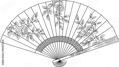 Traditional Hand Fan Illustration Featuring Elegant Floral Patterns With Peony Flowers And Leaves For Asian Culture Decor Fashion Accessory Summer Cooling And